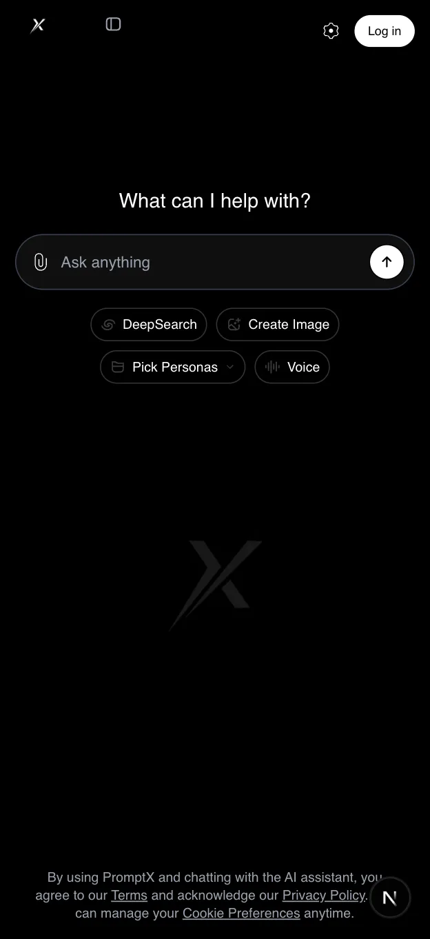 PromptX AI chat interface shown on a narrower screen size